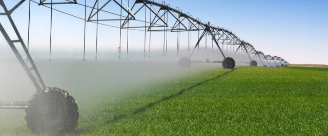 Center-pivot irrigation watering a green field